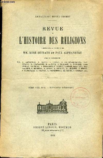 REVUE DE L'HISTOIRE DES RELIGIONS - TOME LXII- N 3 - NOVEMBRE-DECEMBRE