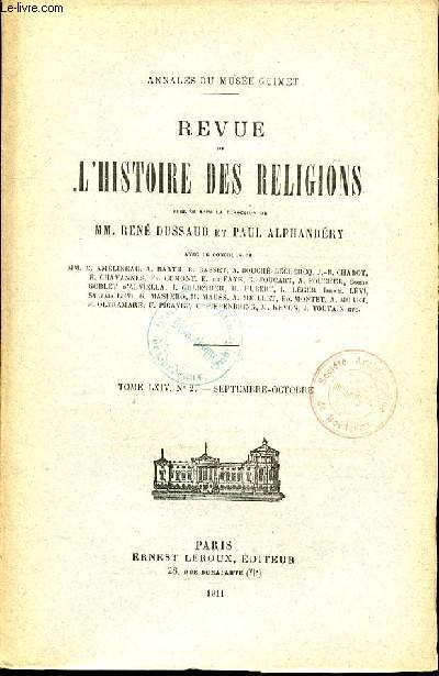 REVUE DE L'HISTOIRE DES RELIGIONS - TOME LXVI- N2 - SEPTEMBRE-OCTOBRE