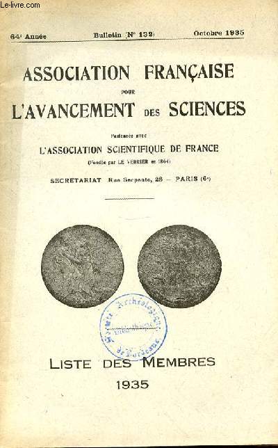 BULLETIN DE L'ASSOCIATION FRANCAISE DES SCIENCES - ANNEE 64 - BULLETIN N132 - octobre 1935 - LISTE DES MEMBRES 1935