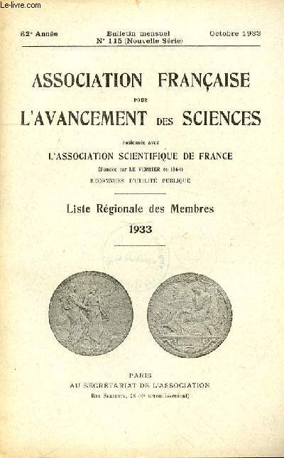 BULLETIN DE L'ASSOCIATION FRANCAISE POUR L'AVANCEMENT DES SCIENCES - ANNEE 62 - BULLETIN N115- OCTOBRE 1933 - LISTE REGIONALE DES MEMBRES 1933