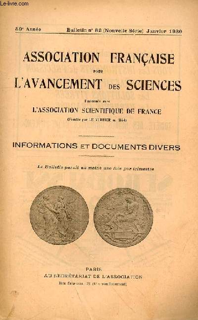 L'ASSOCIATION FRANCAISE POUR L'AVANCEMENT DES SCIENCES - ANNEE 59 - BULLETIN N82 - janvier 1930- Commissions permanentes 4II.- Congrs d'Alger. Comit local 7III.- Excursions a la suite duCongrs  9IV.-. Transport et logement 15V.- Ncrologie 16VI.