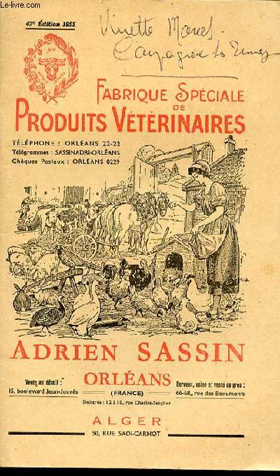 CATALOGUE DE VENTES DE PRODUITS VETERINAIRES - FABRIQUE SPECIALE DE PRODUITS VETERINAIRES - ADRIEN SASSIN
