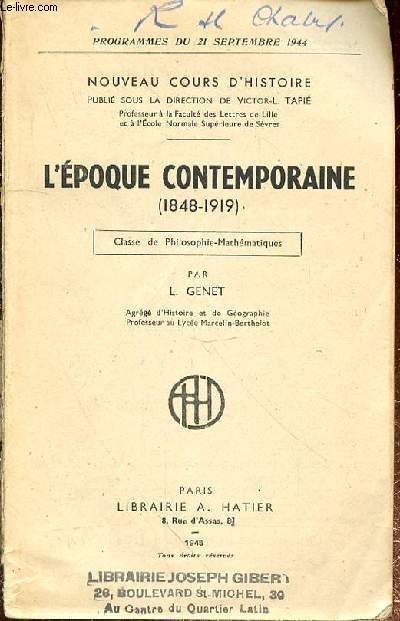 L'EPOQUE CONTEMPORAINE (1848-1919) - classe de philosophie-mathematiques