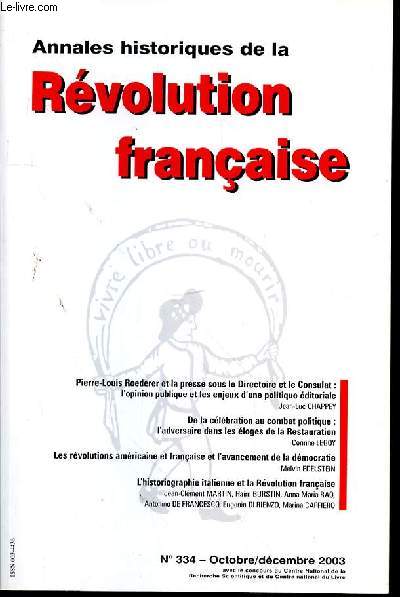 ANNALES HISTORIQUES DE LA REVOLUTION FRANCAISE N335 - OCTOBRE - DECEMBRE - 2003